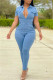 Baby Blue Fashion Casual Solid Patchwork Turndown Collar Regular Jumpsuits