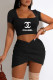 Black Fashion Casual Print Letter Square Collar Short Sleeve Two Pieces