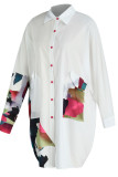 White Casual Print Patchwork Pocket Buckle Turndown Collar Shirt Dress Dresses