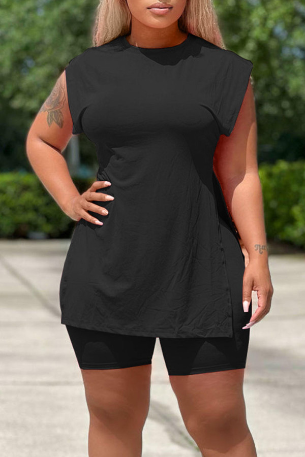Black Casual Solid Patchwork Slit O Neck Sleeveless Two Pieces