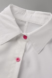 White Casual Print Patchwork Pocket Buckle Turndown Collar Shirt Dress Dresses