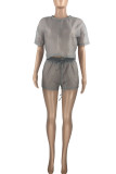 Grey Casual Solid Patchwork See-through O Neck Short Sleeve Two Pieces