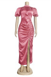 Pink Fashion Casual Solid Slit Fold Turtleneck One Step Skirt Plus Size Dresses