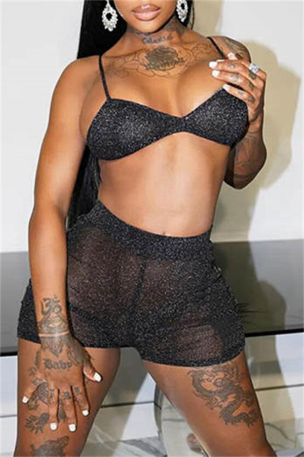 Black Fashion Sexy Solid See-through Backless Spaghetti Strap Sleeveless Two Pieces