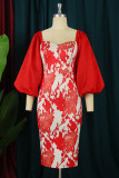 Red Fashion Sexy Print Patchwork Square Collar One Step Skirt Dresses