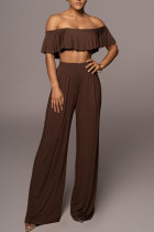 Coffee Casual Solid Patchwork Off the Shoulder Two Pieces