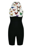 Black White Fashion Casual Butterfly Print Patchwork Half A Turtleneck Skinny Romper
