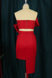 Red Fashion Sexy Solid Patchwork Backless With Bow Strapless Sleeveless Two Pieces
