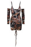 Multicolor Fashion Sexy Print Draw String Frenulum Backless V Neck Long Sleeve Dresses