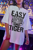 White Casual Street Print Patchwork O Neck T-Shirts