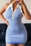 Blue Sexy Print Patchwork Turndown Collar Pencil Skirt Dresses