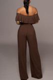 Coffee Casual Solid Patchwork Off the Shoulder Two Pieces