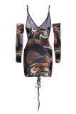 Multicolor Fashion Sexy Print Draw String Frenulum Backless V Neck Long Sleeve Dresses