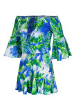 Turquoise Fashion Casual Print Bandage Off the Shoulder Regular Romper