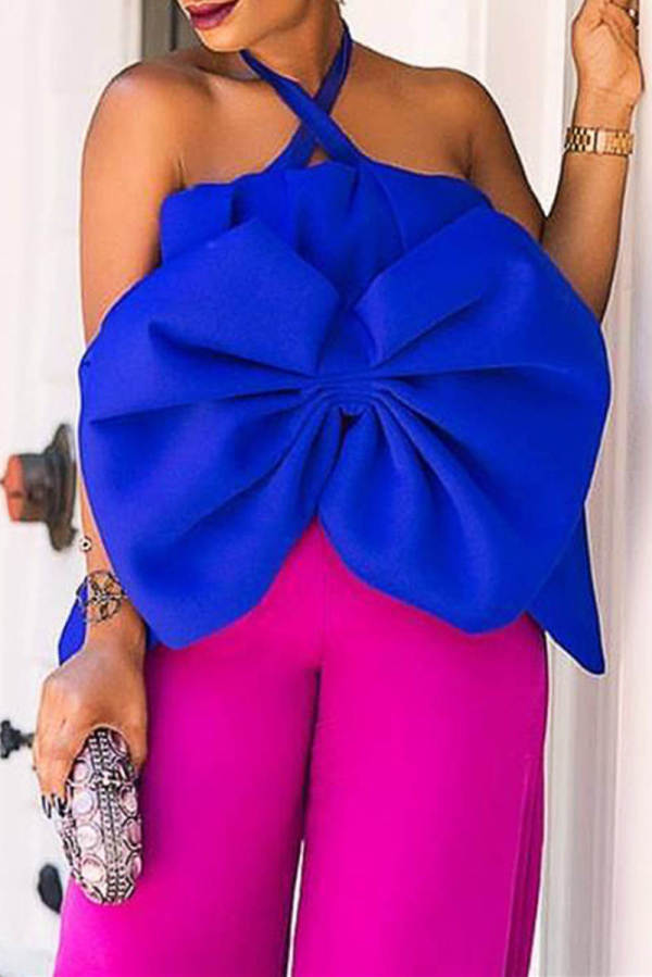 Blue Sexy Casual Solid Patchwork Backless With Bow Halter Tops