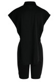 Black Sexy Street Solid Split Joint Buckle Asymmetrical Turndown Collar Sleeveless Two Pieces