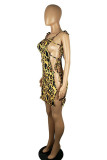 Gold Sexy Print Leopard Bandage Hollowed Out Patchwork Spaghetti Strap Sling Dress Dresses