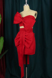 Red Fashion Sexy Solid Patchwork Backless With Bow Strapless Sleeveless Two Pieces