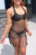 Black Sexy Solid Tassel Patchwork See-through Halter Dresses