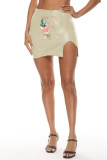 Burgundy Fashion Casual Print Slit Skinny High Waist Skirt