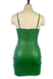 Pink Sexy Solid Patchwork Draw String Fold Spaghetti Strap One Step Skirt Dresses