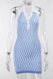 Blue Sexy Print Patchwork Turndown Collar Pencil Skirt Dresses