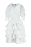 White Fashion Casual Solid Patchwork V Neck Cake Skirt Dresses