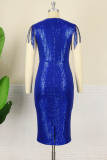 Blue Fashion Sexy Patchwork Tassel Sequins See-through O Neck Evening Dress