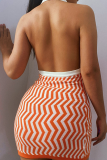 Blue Sexy Print Patchwork Turndown Collar Pencil Skirt Dresses