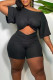 Black Casual Solid Hollowed Out Patchwork O Neck Straight Rompers