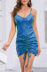 Royal Blue Sexy Solid Patchwork Draw String Fold Spaghetti Strap One Step Skirt Dresses