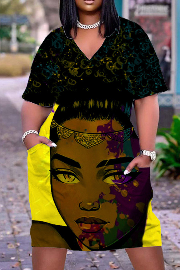 Black Yellow Fashion Casual Print Basic V Neck Short Sleeve Dress