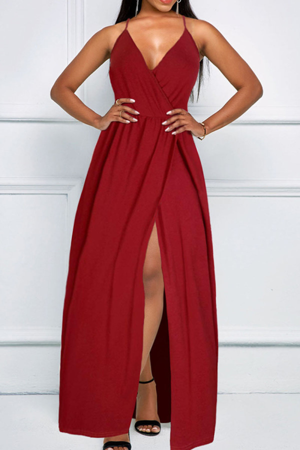Burgundy Casual Solid Patchwork Spaghetti Strap Sling Dress Dresses
