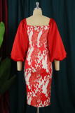 Red Fashion Sexy Print Patchwork Square Collar One Step Skirt Dresses