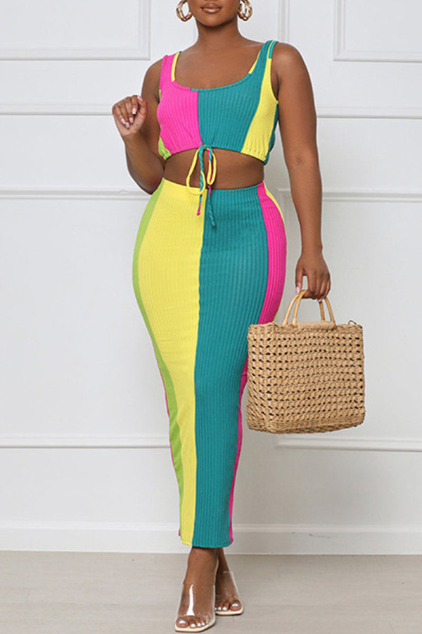 Yellow Casual Print Patchwork U Neck Two Pieces