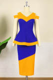 Blue Fashion Casual Solid Hollowed Out Patchwork V Neck Short Sleeve Dress
