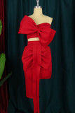 Red Fashion Sexy Solid Patchwork Backless With Bow Strapless Sleeveless Two Pieces
