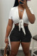 Black Sexy Solid Patchwork Pocket Knotted V Neck Short Sleeve Two Pieces