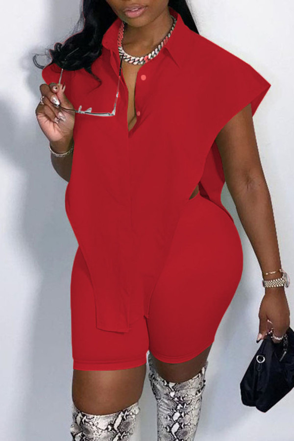 Red Sexy Street Solid Split Joint Buckle Asymmetrical Turndown Collar Sleeveless Two Pieces
