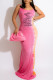 Pink Fashion Sexy Print Backless Letter Spaghetti Strap One Step Skirt Dresses