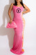 Pink Fashion Sexy Print Backless Letter Spaghetti Strap One Step Skirt Dresses