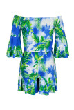 Turquoise Fashion Casual Print Bandage Off the Shoulder Regular Romper