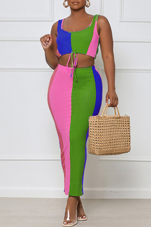 Pink Casual Print Patchwork U Neck Two Pieces