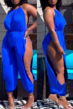 Blue Sexy Casual Solid Hollowed Out O Neck Regular Jumpsuits