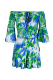 Turquoise Fashion Casual Print Bandage Off the Shoulder Regular Romper