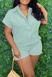 Cyan Casual Solid Patchwork Buckle Turndown Collar Straight Rompers