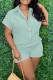 Cyan Casual Solid Patchwork Buckle Turndown Collar Straight Rompers