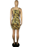 Gold Sexy Print Leopard Bandage Hollowed Out Patchwork Spaghetti Strap Sling Dress Dresses