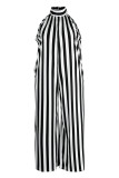 Black White Fashion Casual Striped Print Backless Turtleneck Plus Size Jumpsuits