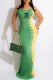 Green Fashion Print Backless Letter Spaghetti Strap One Step Skirt Dresses